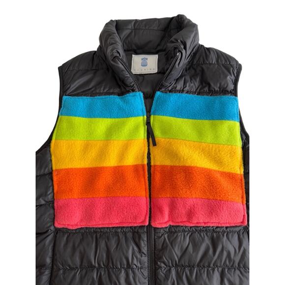 VTG Y2K CJ Laing Black W/ Rainbow Fleece Puffer Vest Funnel Neck Retro Stripes S - Picture 2 of 7